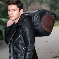 Sac de voyage classique en cuir noir avec panneau latéral marron, grande capacité, système de transport avec poignée - Sac de voyage en cuir