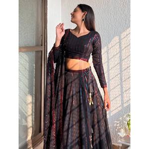 Black <b>Sequin</b> Georgette Party Wear Lehenga Choli for Evening - Product Image 3