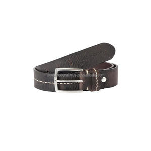 Ceinture décontractée pour homme en cuir texturé marron d'excellente qualité avec coutures contrastées au centre et boucle en métal argenté antique - Product Image 6