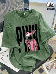 Camiseta de Algodón con Estampado de Pantera Rosa para Mujer, Cuello Redondo, Manga Corta, Corte Holgado, Diseño de Personajes, Estilo Casual de Verano - Product Image 3