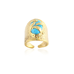 Bague de style luxueux en pierre ovale bleu turquoise, en laiton massif plaqué or 18 carats, texture martelée, large bande, bijoux faits à la main, bague bohème - Product Image 2