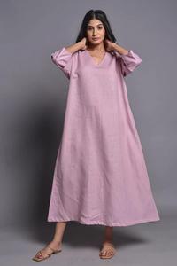 Vestido Largo Informal de Verano para Mujer, Color Morado Claro, Lino y Algodón, Cuello en V, Manga Murciélago 3/4, Corte Holgado - Product Image 6