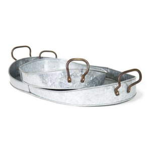 Set of 2 Rustic Galvanized Metal Serving Trays with Handles <b>Oval</b> Iron Centerpiece Tray for <b>Coffee</b> <b>Table</b> In Best Price - Product Image 3