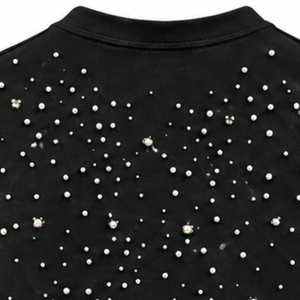 Unisex Black Pearl Decorated T <b>Shirt</b> Fashionable Round Neck Short Sleeve Pearl <b>Studded</b> Tee for Streetwear and Everyday Casual - Product Image 4