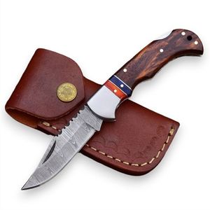Cuchillos Plegables Compactos con Hoja de Acero con Patrón Damasco, Mango de Madera Hecho a Mano, Bolster Metálico Decorativo para Camping, Caza y Senderismo - Product Image 1