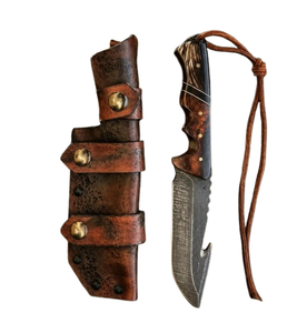 Customized HANDMADE FORGED STAINLESS STEEL GUT HOOK HUNTING KNIFE WITH ROSEWOOD & HORN& BRASS HANDLE & WITH <b>LEATHER</b> COVER - Product Image 2