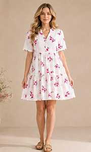 Robe Courte Évasée à Col en V Imprimé Floral, Manches Courtes, Coupe Ample, Décontractée, Respirante, 100% Coton Tissé, Ourlet Étages pour l'Été - Product Image 3