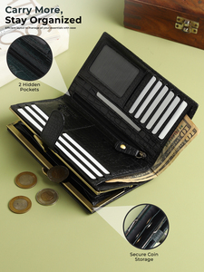 WRIZA Cartera de mano con cremallera y textura de cocodrilo de cuero genuino para mujer |   Tarjetero Negro de Uso Diario con 10 Ranuras para Tarjetas y 4 Compartimentos para Monedas - Product Image 6