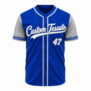 Maillot de baseball TESSUTO bleu roi et gris avec appliques sur les manches, boutonné, 100 % polyester, pour équipes scolaires et universitaires australiennes, pour hommes - Product Image 1