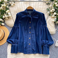 Blusas de Mezclilla Elegantes con Cuello de Lazo y Manga Larga para Otoño, Camisas con Lazo para Mujer, Tops Elegantes para Dama, Ropa al por Mayor para Mujer
