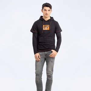 Sudadera con Capucha Negra para Hombre con Estampado Naranja 017, Corte Ajustado, Informal, de Algodón Tejido, Manga Larga, con Bolsillos, para Otoño - Product Image 1