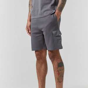 Men's Gray Solid Color Casual Summer Shirt Set With <b>Cargo</b> Shorts And <b>White</b> Sneakers - Product Image 5