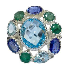 Gemvanity SR1466 Argent sterling plaqué or 14 carats, Topaze bleue de luxe classique de style bouddhiste tibétain, sertie en canal, taille brillant, pour soirée - Product Image 3