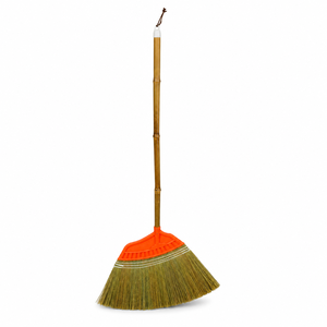 Balai à herbe traditionnel écologique avec manche en bois, tête en matériaux végétaux naturels, poils moyens orange, durable pour le nettoyage des sols - Product Image 3