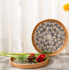 Bandeja de ratán y nácar para vajilla, comida, sala de estar, almacenamiento, artesanía de lujo para uso diario. - Product Image 1