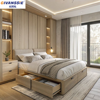 Suite de chambre à coucher de luxe de style italien avec lit flottant LED en bois, tailles Queen/King, intégrant un placard et un bureau de coiffeuse pour usage scolaire
