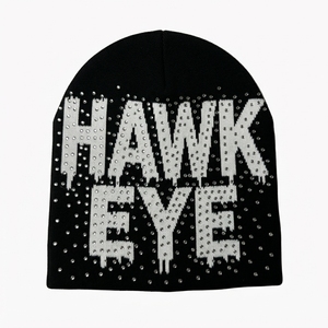 Bonnet tricoté main 2026 Hawk Eye Letter blanc et noir avec strass, style urbain, pour l'hiver - Product Image 3