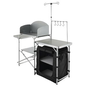 Tavolo da Campeggio Pieghevole in Alluminio con Borsa Portaoggetti e Armadietto, Design Effetto Legno per Cucina all'Aperto - Product Image 1