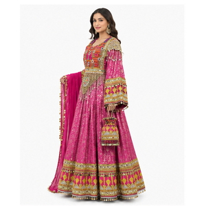 Vestido de novia tradicional Salwar Kameez rosa bordado hasta el suelo para mujer con dupatta, bolso Potli, vestido afgano Kuchi - Product Image 5