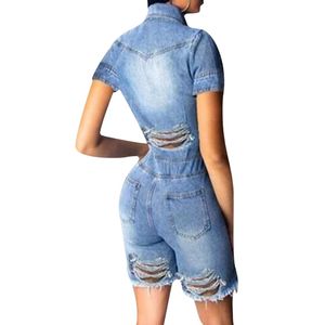 Monos de mezclilla azules elásticos personalizados para verano y primavera, con cuello vuelto y manga corta - Product Image 2