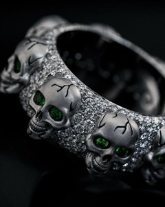 <b>Mens</b> Skull Band <b>Ring</b> with Green Gem Eyes and Full Diamond Pave Gothic <b>Silver</b> Statement Jewelry for Biker Style - Product Image 2