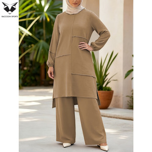 Latest Product Khaki Color <b>Modest</b> Track <b>Set</b> Women Layered Design Long Top and Palazzos Pants Muslim Formal Casual Wear - Product Image 4