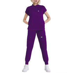 Ensemble de blouses médicales unisexe violet en coton et polyester tricoté, uniforme médical, tenue de travail hospitalière, pantalon avec poches, détection d'aiguilles, sans coutures - Product Image 2