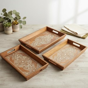 Set of 3 <b>Wood</b> Craft Serving Trays with White Print Elegant <b>Rustic</b> Kitchen <b>Table</b> Decor Perfect Gift for Home <b>Dining</b> - Product Image 6
