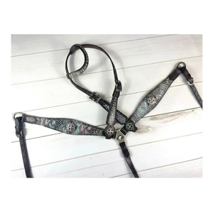 Conjunto de cabezada y pechera de cuero de vaca para equitación western, diseño floral grabado a mano, color marrón, ligero - Product Image 1