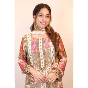 Magnifique ensemble élégant de haut et de bas beige JL pour les fêtes avec dupatta, taille XL - Product Image 3