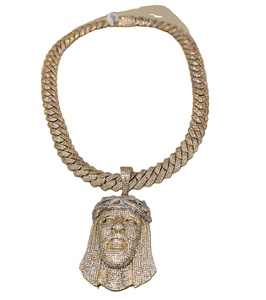 Collier pendentif tête de Jésus en argent sterling plaqué or jaune avec moissanite sertie à griffes, chaîne cubaine de 9 mm, grande taille, pour homme, pour les fêtes - Product Image 1
