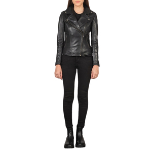 Women's Black Genuine <b>Leather</b> Motorcycle <b>Jacket</b> Moto Biker Zipper Turn Down Collar <b>Long</b> Sleeve - Product Image 1