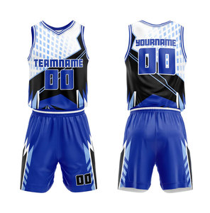 Conjunto de Uniforme de Baloncesto Sublimado Personalizado Azul Negro Blanco con Nombre del Equipo 00 Cuello en V Sin Mangas Uniforme Transpirable para Adultos - Product Image 1