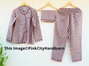 Pure Cotton Summer <b>Women's</b> Night Wear Dress Set of Three Pcs <b>Pyjama</b> Set with Long and <b>Short</b> Pajamas Floral Pattern Handmade - Product Image 2