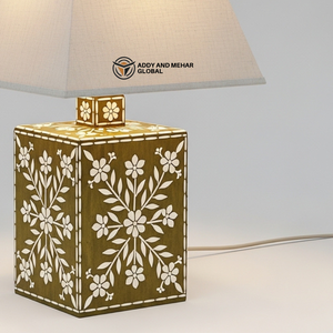 Handmade Brown Floral Bone Inlay <b>Table</b> <b>Lantern</b> with Fabric Shade Decorative Bedside Nightstand <b>Lamp</b> for Living Room Bedroom Deco - Product Image 2