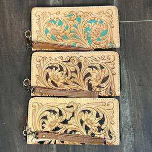 Nuevo Bolso de Mano con Cierre para Tarjetas de Crédito, Diseño Floral en Cuero Turquesa Genuino, Estilo Occidental de Lujo para Mujer - Product Image 4