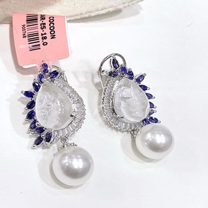 Boucles d'oreilles chics et romantiques en alliage de saphir en forme de goutte d'eau avec perles d'imitation plaquées argent pour femmes - Product Image 2