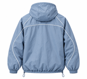Custom Steel Blue Windbreaker Set with White Piping | Hooded <b>Nylon</b> Jacket & <b>Track</b> <b>Pants</b> | Streetwear Tracksuit - Product Image 4