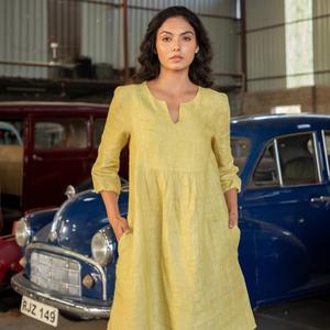 Robe midi décontractée en coton et lin pour femmes, manches 3/4, col rond, coupe ample, confortable, tenue d'été - Product Image 2