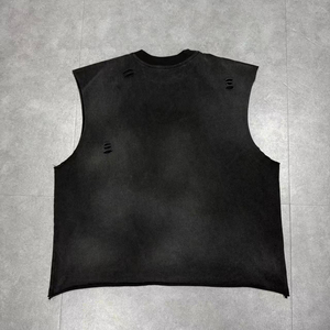 Camiseta sin mangas con corte crudo y lavado vintage 100% algodón con estampado DTG personalizado al por mayor para hombre - Product Image 2