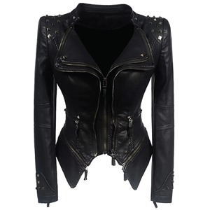 Blouson moto en cuir pour femme avec rivets décoratifs, col montant, manches longues, fermeture éclair, couleur unie, style automne - Product Image 3