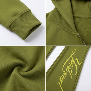 Conjunto Deportivo con Capucha para Mujer, Color Verde Oliva, Marca Yourbrand, Manga Larga, Cierre Frontal con Cremallera, Estampado de Letras, Dobladillo Dividido, Estilo Urbano - Product Image 6
