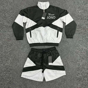 Unisex Sporty Tracksuit <b>Set</b> <b>Colour</b> Blocking Pullover Drawstring Shorts Quick Dry Polyester Adult Spring Wear - Product Image 1