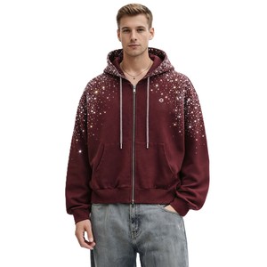 เสื้อฮู้ดซิปดีไซน์ประดับเพชรเทียมแบบหนา ขายส่ง คุณภาพสูง สตรีทแวร์สั่งทำพิเศษ ทรงโอเวอร์ไซส์ ผ้าฟลีซ ผู้ผลิตเสื้อฮู้ดผู้ชาย - Product Image 4