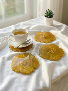 Flower Shape Plastic <b>Coaster</b> <b>Set</b> With Gold Center Glam Style Non Slip Table MatsRound Stoneware Glam Style Non Slip Mat For Tab - Product Image 2