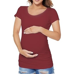 Camiseta de Maternidad para Mujer, Verano, Premamá, Corte Ajustado, Color Granate Liso, Manga Corta, Camiseta de Lactancia para Niñas - Product Image 2