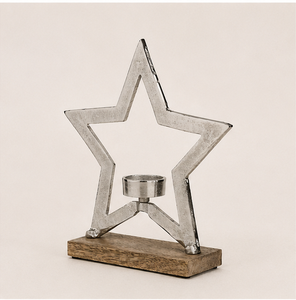 Handcrafted Metal Star <b>Tea</b> <b>Light</b> Candle Holder With Solid Mango Wood Base Modern Rustic <b>Christmas</b> Tabletop Decoration & Home - Product Image 1