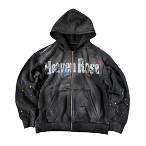 Sudadera con capucha extragrande con cremallera y pedrería, estilo vintage, lavado ácido, streetwear, algodón grueso, grunge, Y2K, OEM - Product Image 1
