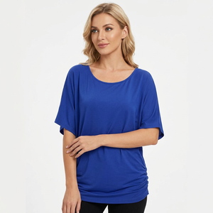 Camiseta de chifón azul oversize personalizable para mujer con manga murciélago, fruncido, hombro caído, cuello redondo, ajuste holgado, transpirable, primavera-verano - Product Image 3