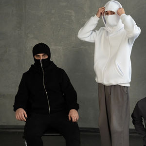 Hoodie cagoule intégrale zippée, noir et blanc, en polaire épaisse, style Techwear Streetwear - Product Image 1